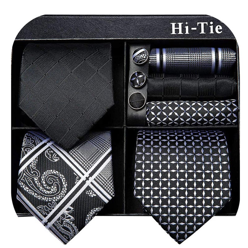 Hi-Tie 3 Pcs Gift Box Mens Tie Set Necktie with Pocket Square Cufflinks Lapel Pin Silk Neck Tie Collection,Teal Green Purple - Image 1